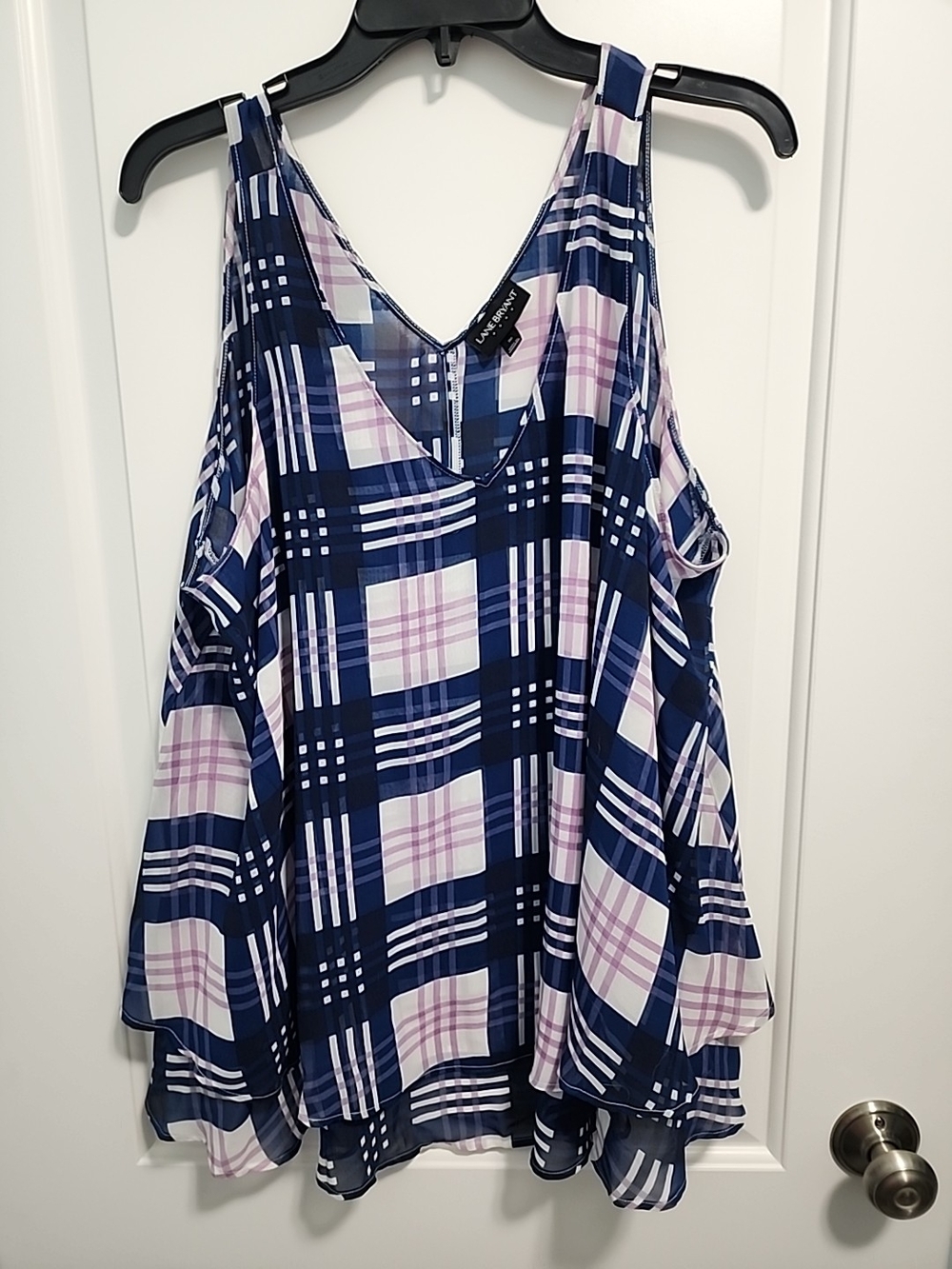 Lane Bryant Navy and Light Pink Plaid Cold-Shoulder Camisole